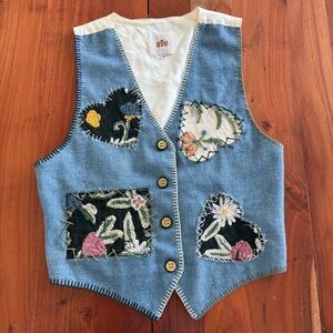 Vintage Blue Embroidered Patchwork Vest